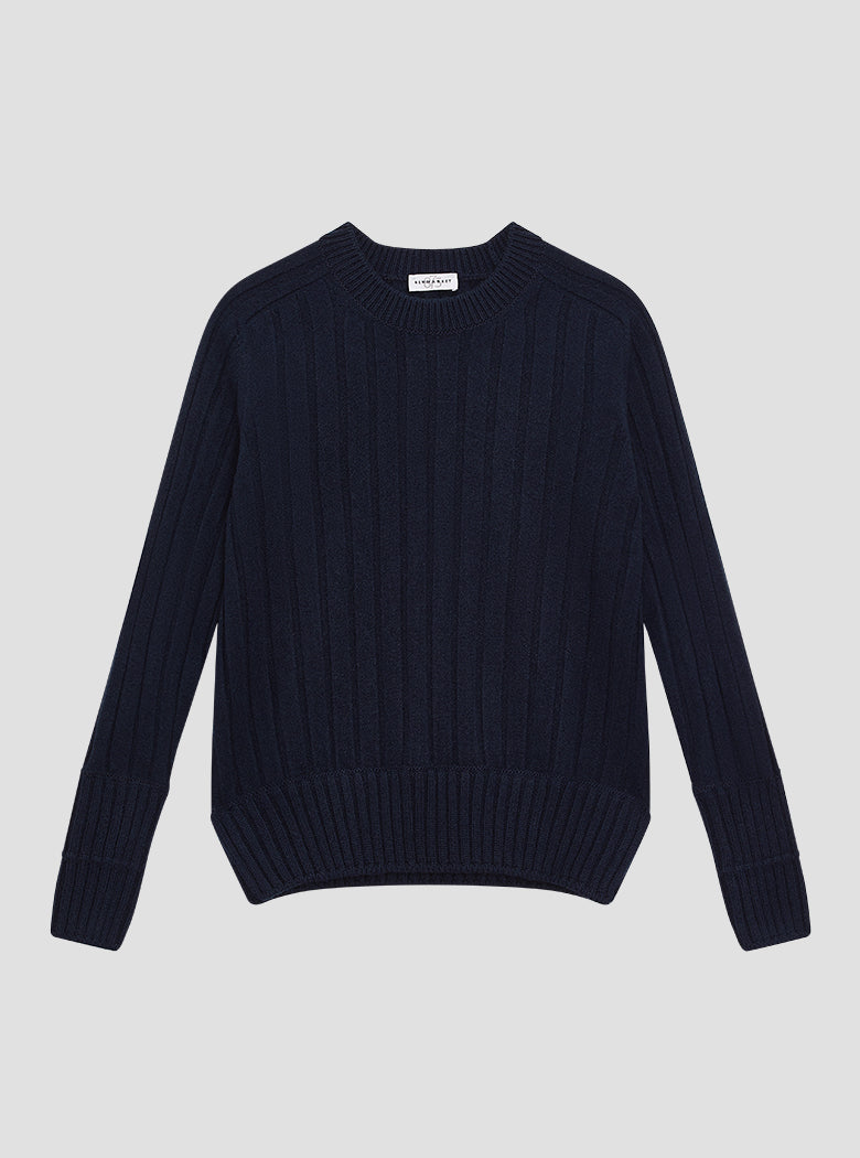 Womens Double Rib Round Neck Knit, Long Sleeve, Navy Newmarket 875