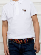 Child wearing a hand woven belt, braided and handmade in Italy with the Newmarket signature colours (gold, tan, navy) and a stretch design.