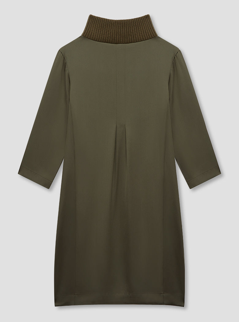 Khaki Rib Neck Silk Dress