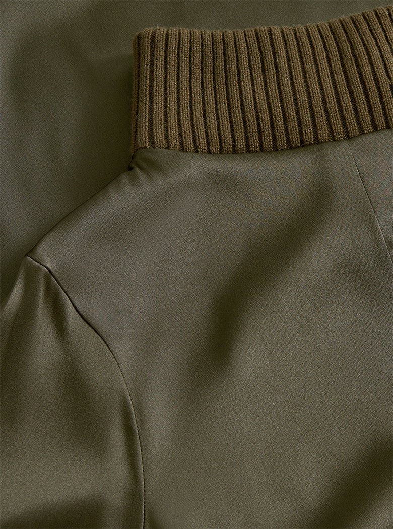 Khaki Rib Neck Silk Dress