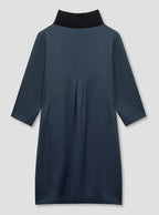 Navy Rib Neck Silk Dress
