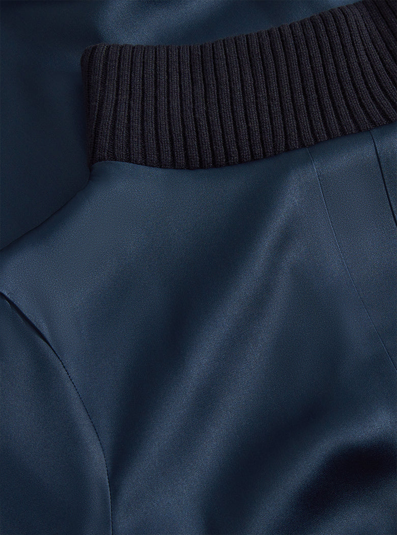 Navy Rib Neck Silk Dress