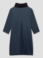 Navy Rib Neck Silk Dress