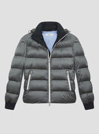 Grey puffer jacket with black suede lining on the inside collar with black elasticated cuffs. Contrast pale grey zips and baby blue jacket lining. Detachable hood. 