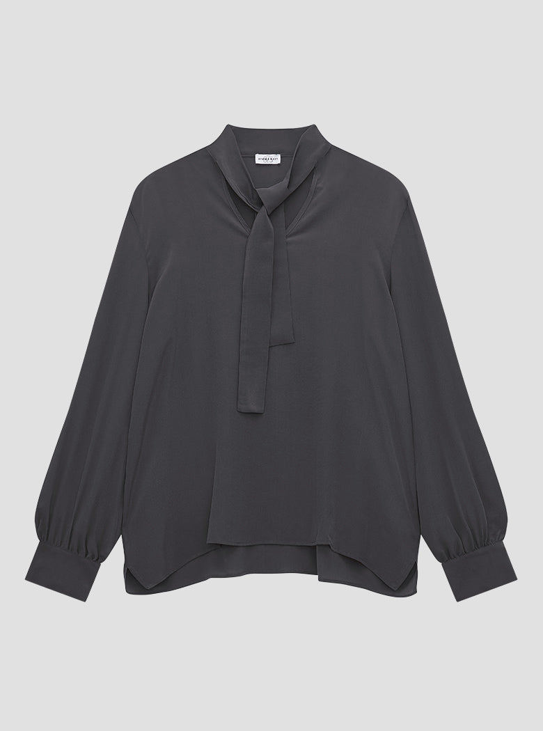 Charcoal Silk Tie Blouse