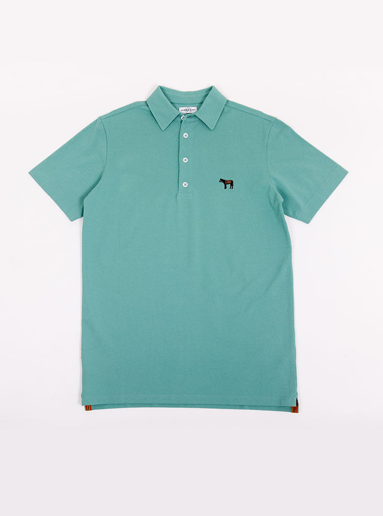 Flat lat of men's avocado green polo shirt in 100% cotton with Newmarket 875 horse logo embroidered on the front.