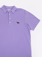Flat lay of men's lilac polo shirt in 100% cotton with Newmarket 875 horse logo embroidered on the front.
