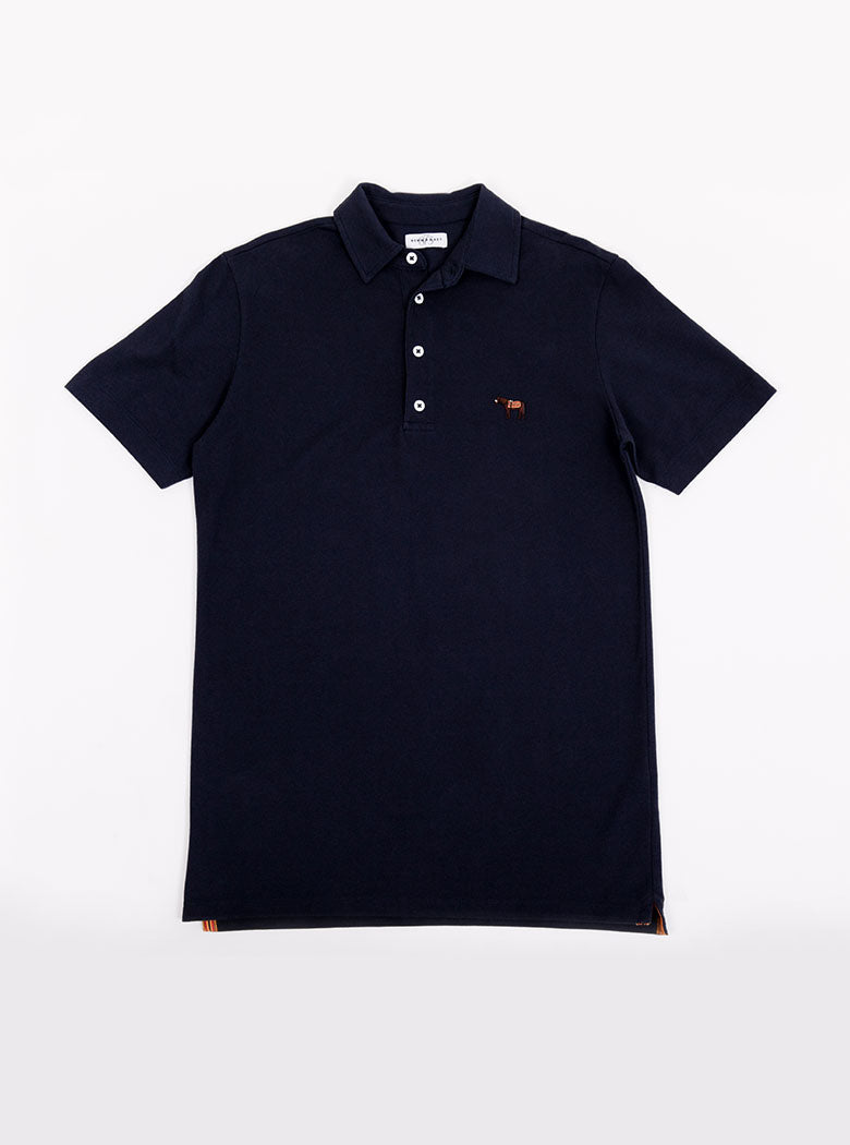Flat lay of men's navy blue polo shirt in 100% cotton with Newmarket 875 horse logo embroidered on the front.