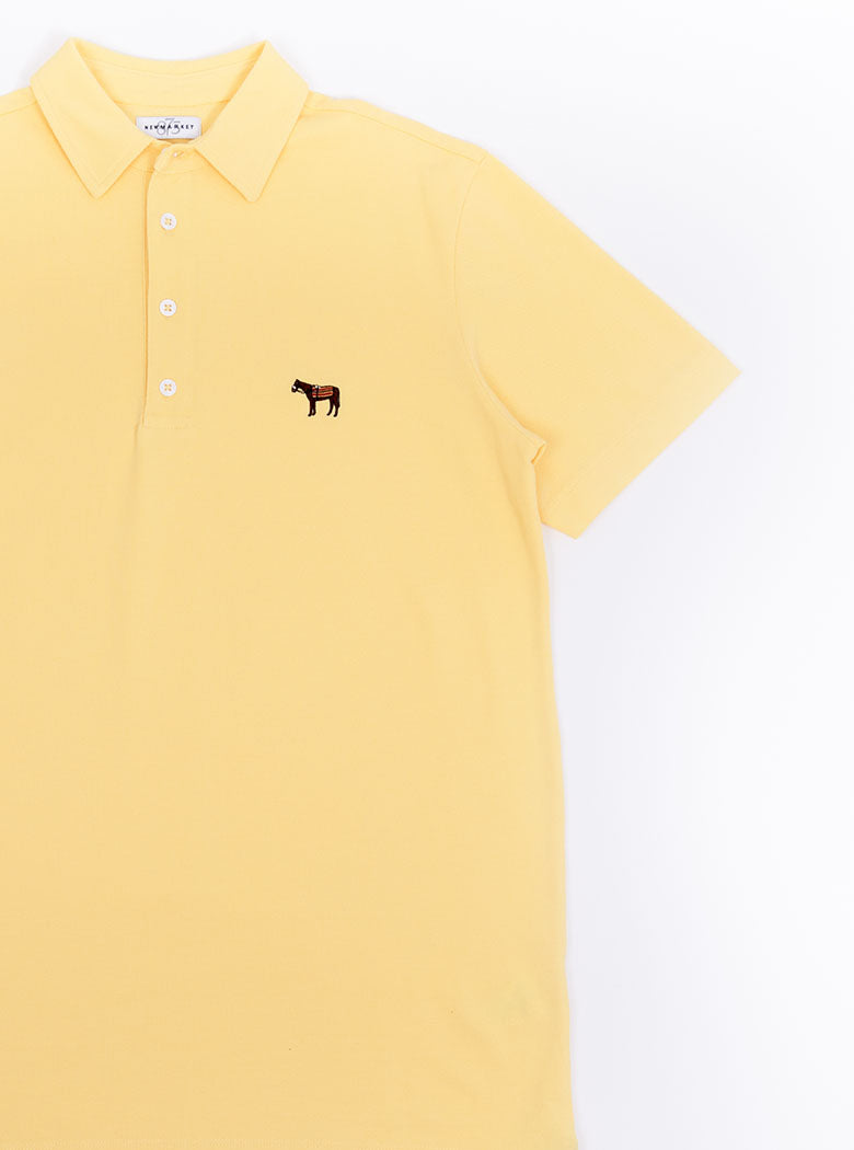 Flat lat of men's lemon yellow polo shirt in 100% cotton with Newmarket 875 horse logo embroidered on the front.