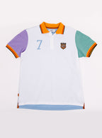 Flat lay of men's multicoloured polo shirt with newmarket 875 crest on the front and number 7 on the back, made of 100% cotton.
