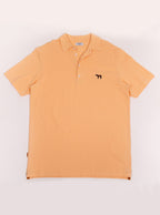 Flat lay of men's peach coloured polo shirt in 100% cotton with Newmarket 875 horse logo embroidered on the front.