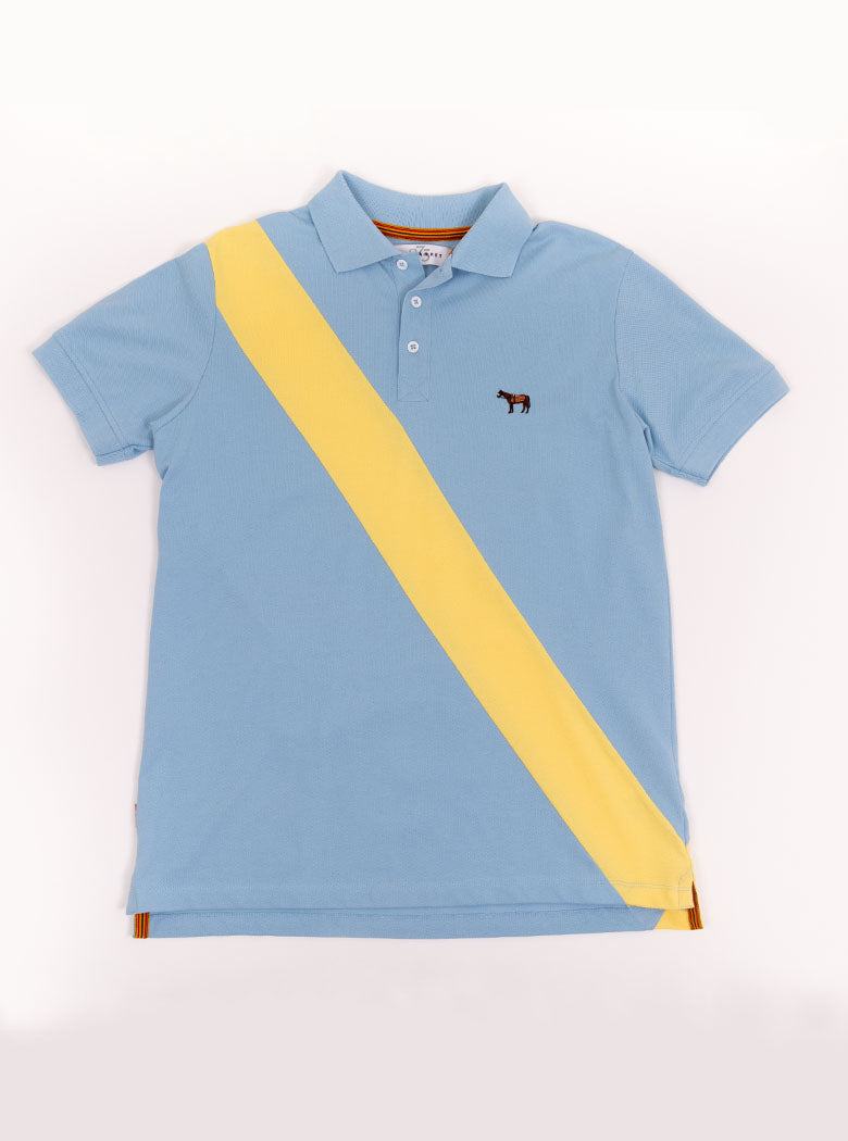 Flat lay of men's sky blue 100% cotton polo shirt with lemon yellow sash detail and Newmarket 875 horse logo embroidered on the front.