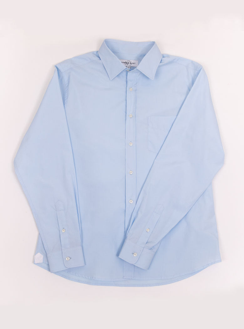 Flat lay of men's sky blue long sleeved shirt made with 100% cotton in a Thomas Mason fabric.