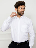 Man wearing white long sleeved shirt made with 100% Royal Oxford Cotton.
