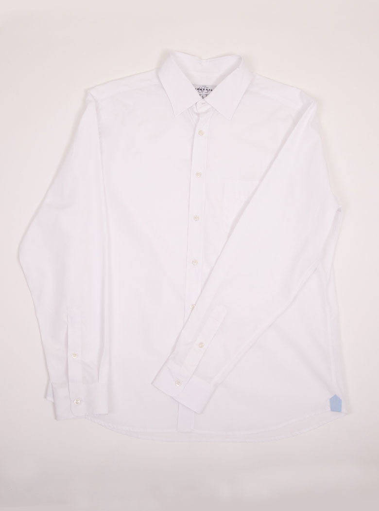 Flat lay of men's white long sleeved shirt made with 100% Cotton in a Thomas Mason fabric.
