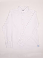 Flat lay of men's white long sleeved shirt made with 100% Cotton in a Thomas Mason fabric.