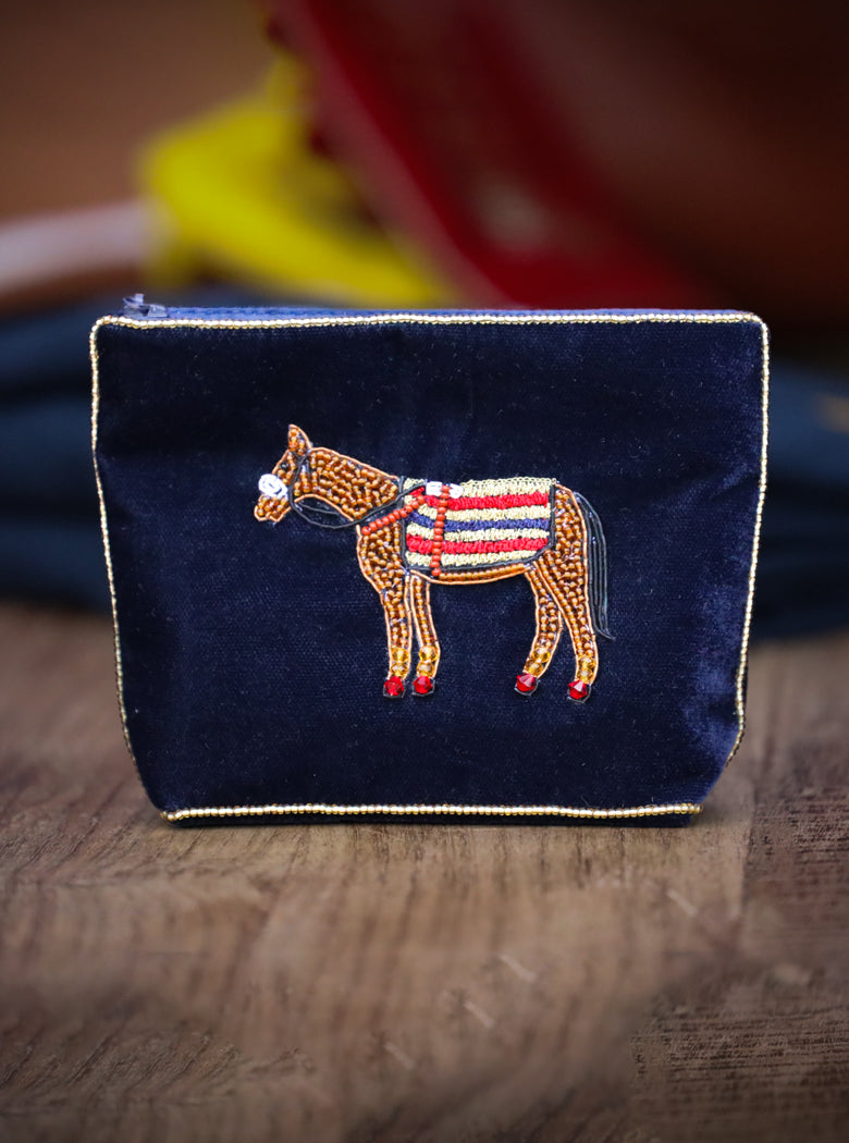 Navy Beaded Horse Pouch