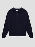 Navy 100% cashmere with a full zip and hood.