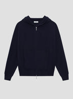 Navy 100% cashmere with a full zip and hood.