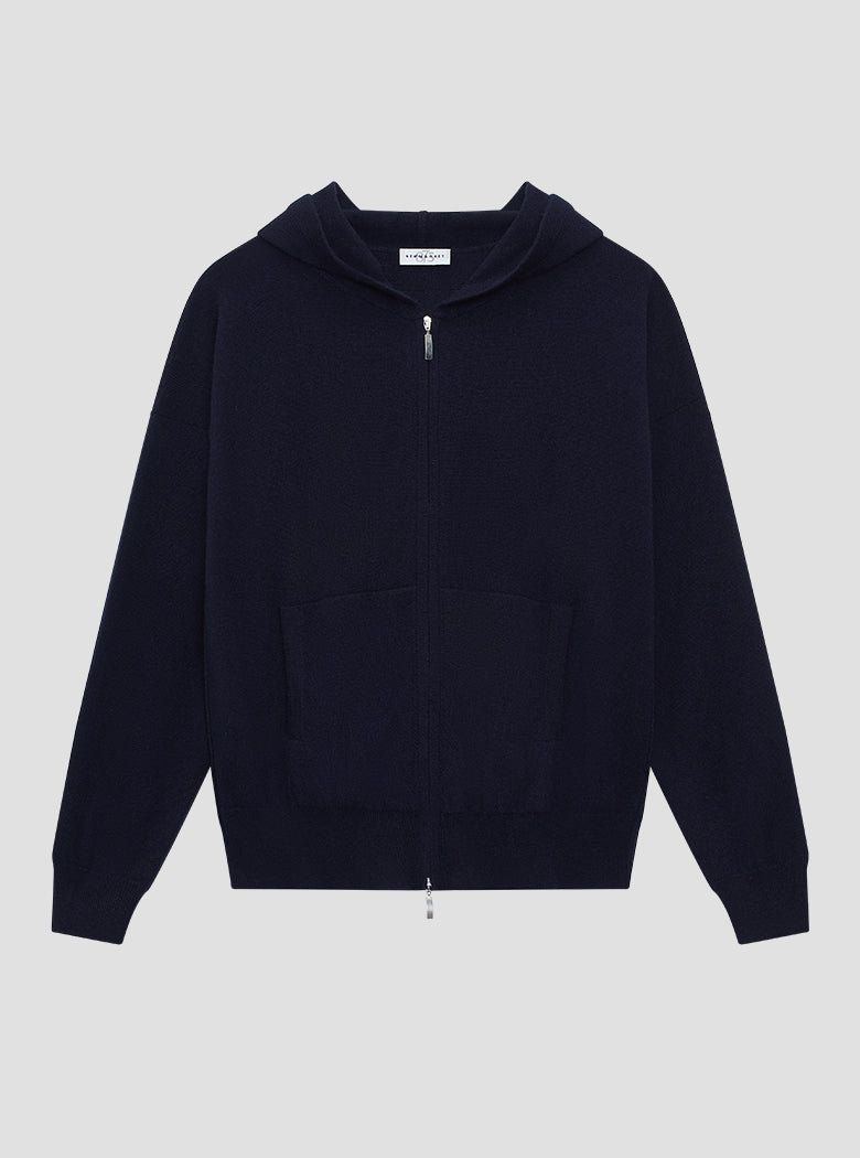 Navy 100% cashmere with a full zip and hood.